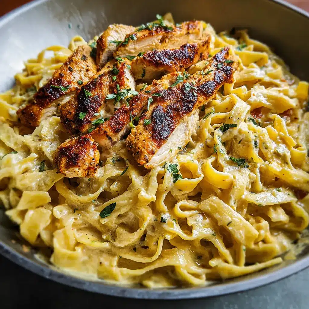 Cheesy Cajun Alfredo Pasta Chicken in a creamy Parmesan sauce with bell peppers and parsley garnish.