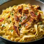 Cheesy Cajun Alfredo Pasta Chicken in a creamy Parmesan sauce with bell peppers and parsley garnish.