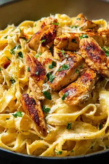 Cheesy Cajun Alfredo Pasta Chicken in a creamy Parmesan sauce with bell peppers and parsley garnish.