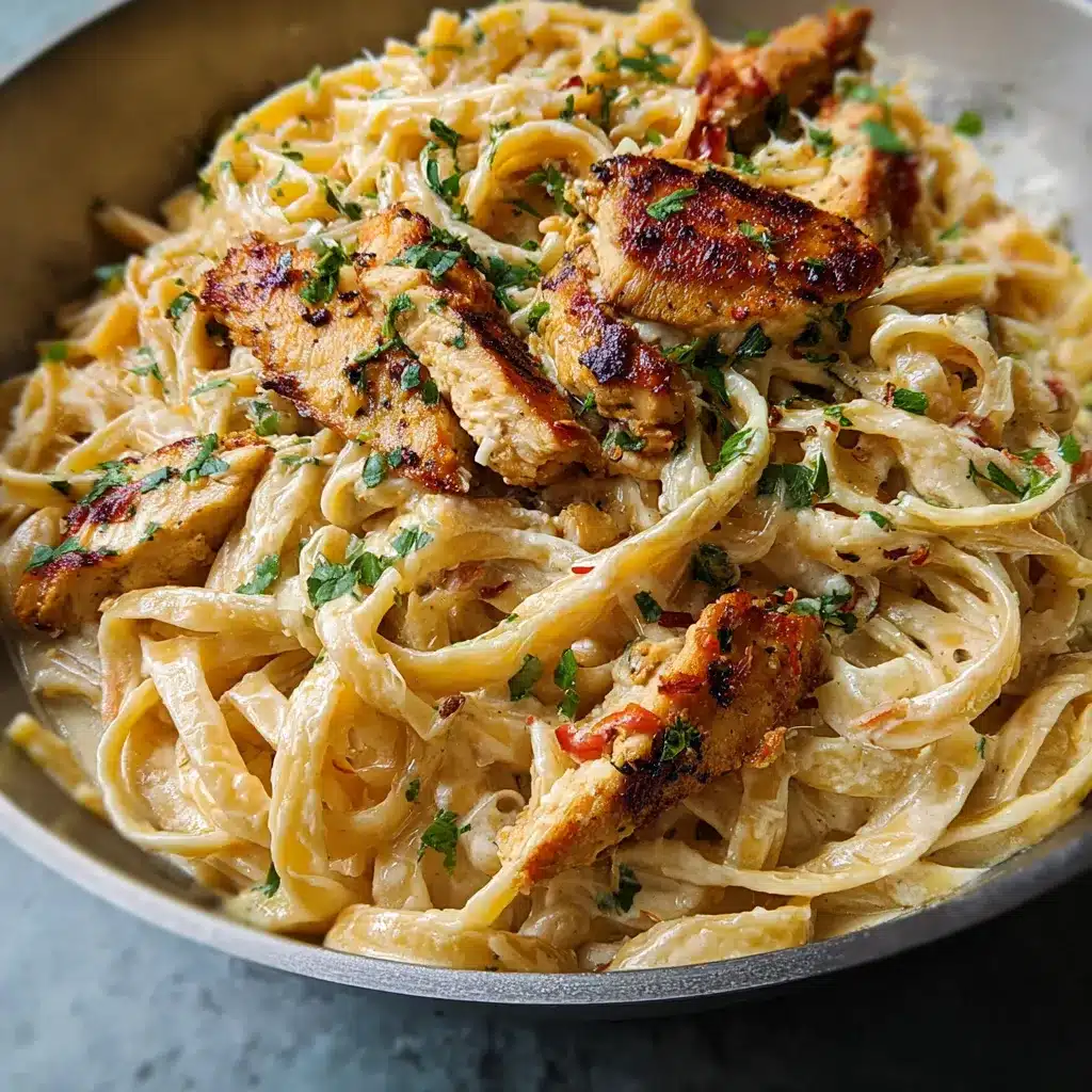 Cheesy Cajun Alfredo Pasta Chicken in a creamy Parmesan sauce with bell peppers and parsley garnish.