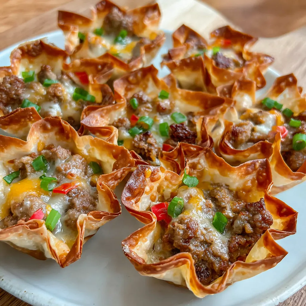 Cheesy Sausage Wonton Cups baked to golden perfection in a muffin tin, filled with creamy sausage, cheese, and diced peppers.