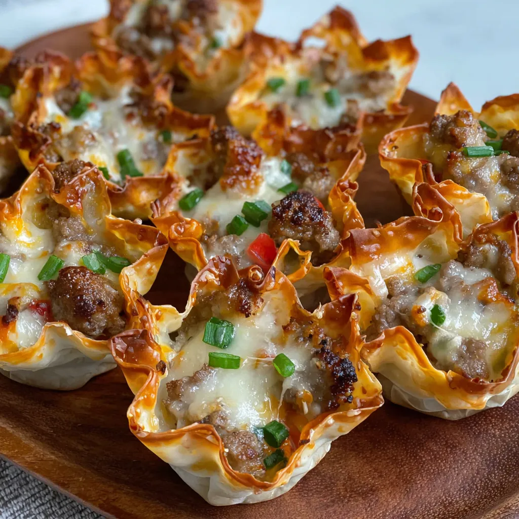 Cheesy Sausage Wonton Cups baked to golden perfection in a muffin tin, filled with creamy sausage, cheese, and diced peppers.
