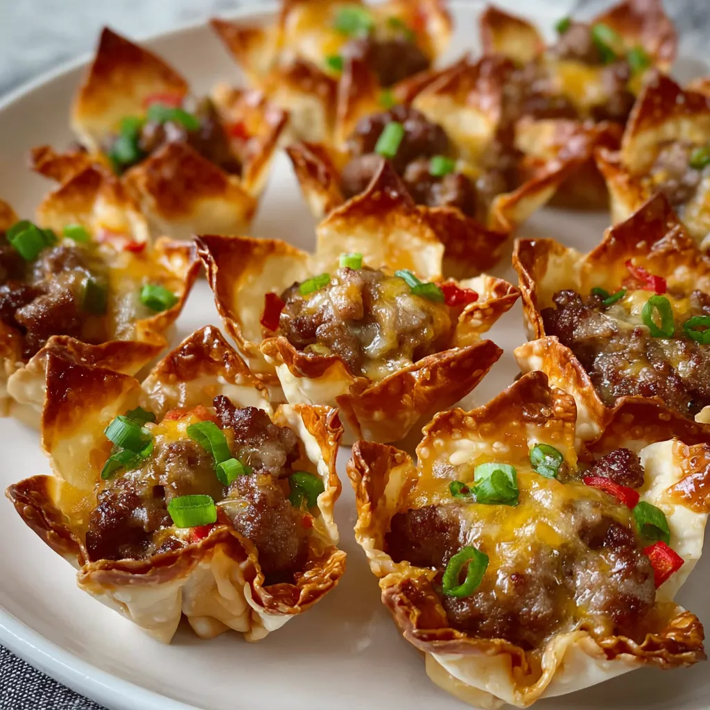 Cheesy Sausage Wonton Cups baked to golden perfection in a muffin tin, filled with creamy sausage, cheese, and diced peppers.