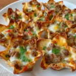 Cheesy Sausage Wonton Cups baked to golden perfection in a muffin tin, filled with creamy sausage, cheese, and diced peppers.