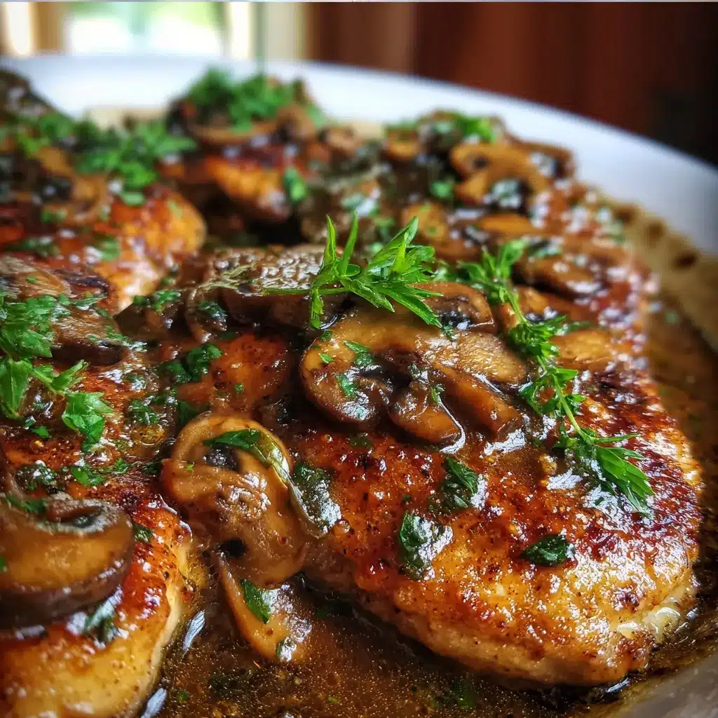Chicken Marsala served in a skillet with mushrooms and parsley in a creamy wine sauce.