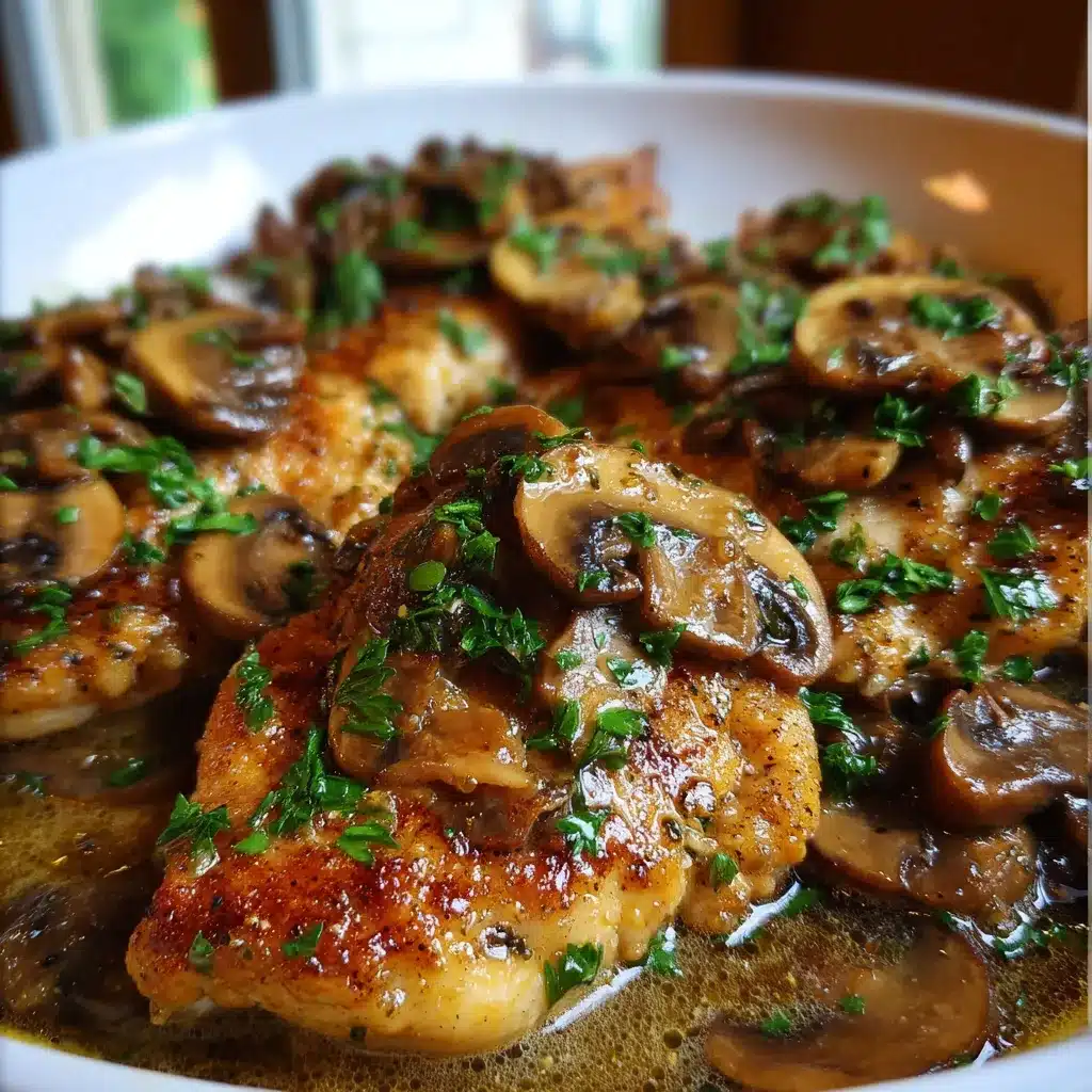 Chicken Marsala served in a skillet with mushrooms and parsley in a creamy wine sauce.