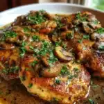 Chicken Marsala served in a skillet with mushrooms and parsley in a creamy wine sauce.