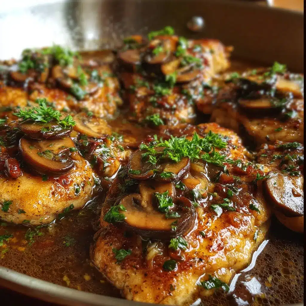 Chicken Marsala served in a skillet with mushrooms and parsley in a creamy wine sauce.