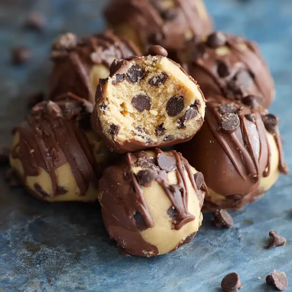 No-bake chocolate chip cookie dough truffles on a white plate, coated in dark chocolate and sprinkled with mini chocolate chips.