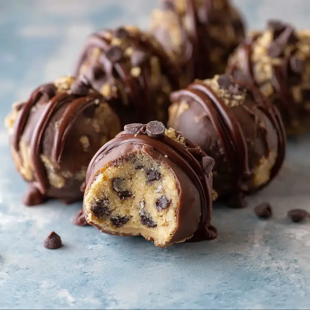 No-bake chocolate chip cookie dough truffles on a white plate, coated in dark chocolate and sprinkled with mini chocolate chips.