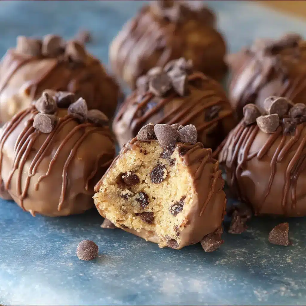 No-bake chocolate chip cookie dough truffles on a white plate, coated in dark chocolate and sprinkled with mini chocolate chips.