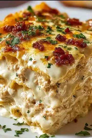 Crack Chicken Lasagna Bake – bubbling cheesy lasagna with shredded chicken and bacon on top.