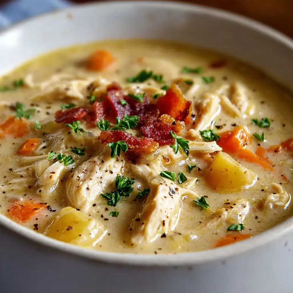 Bowl of creamy Crack Chicken Soup topped with crispy bacon, melted cheddar, and fresh parsley — rich, cozy, and comforting.