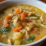Bowl of creamy Crack Chicken Soup topped with crispy bacon, melted cheddar, and fresh parsley — rich, cozy, and comforting.