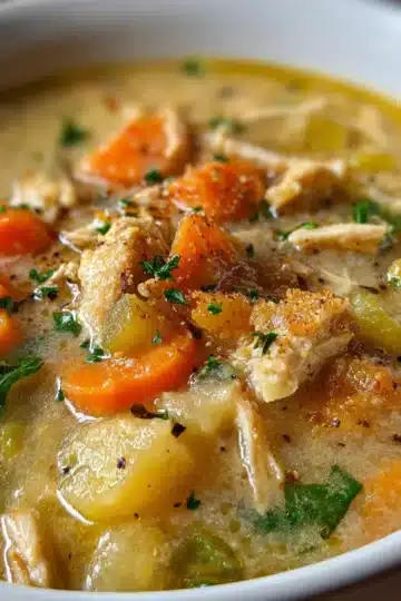 Bowl of creamy Crack Chicken Soup topped with crispy bacon, melted cheddar, and fresh parsley — rich, cozy, and comforting.