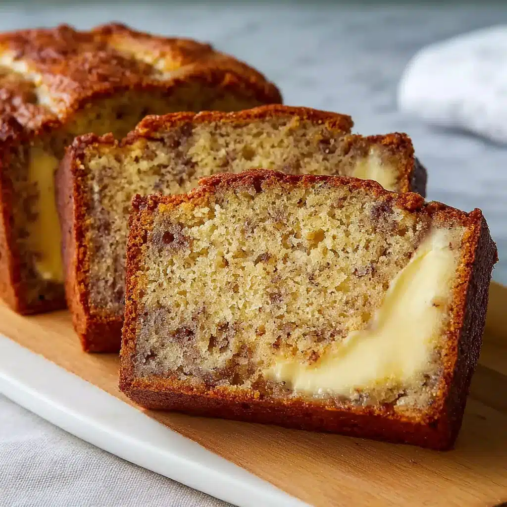 A golden-brown loaf of cream cheese banana bread sliced on a wooden cutting board.