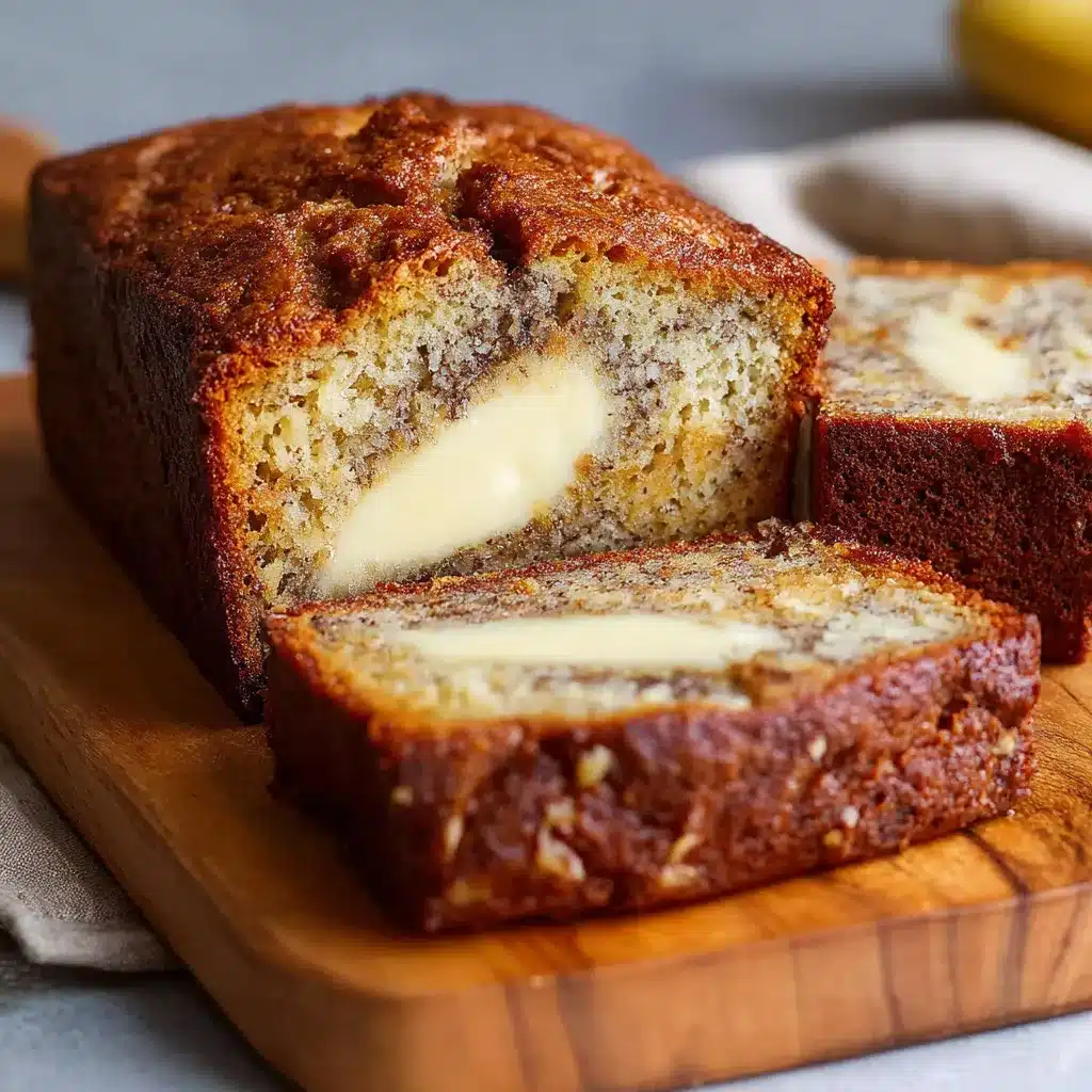 A golden-brown loaf of cream cheese banana bread sliced on a wooden cutting board.