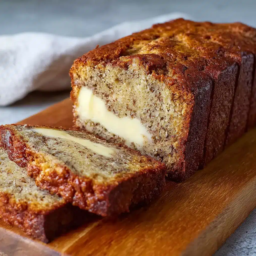 A golden-brown loaf of cream cheese banana bread sliced on a wooden cutting board.
