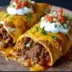 Golden, crispy beef and cheese chimichangas served with guacamole, sour cream, and diced tomatoes on a rustic plate.