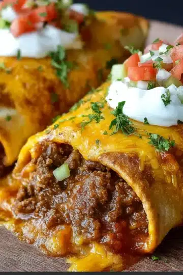 Golden, crispy beef and cheese chimichangas served with guacamole, sour cream, and diced tomatoes on a rustic plate.