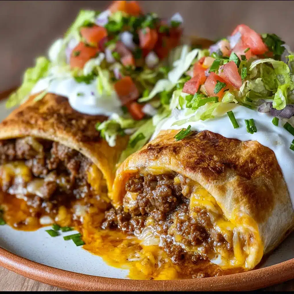 Golden, crispy beef and cheese chimichangas served with guacamole, sour cream, and diced tomatoes on a rustic plate.