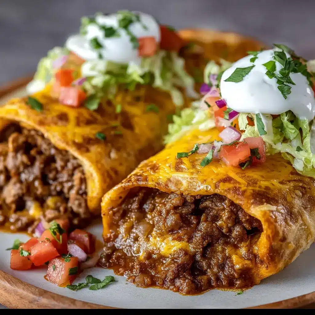 Golden, crispy beef and cheese chimichangas served with guacamole, sour cream, and diced tomatoes on a rustic plate.