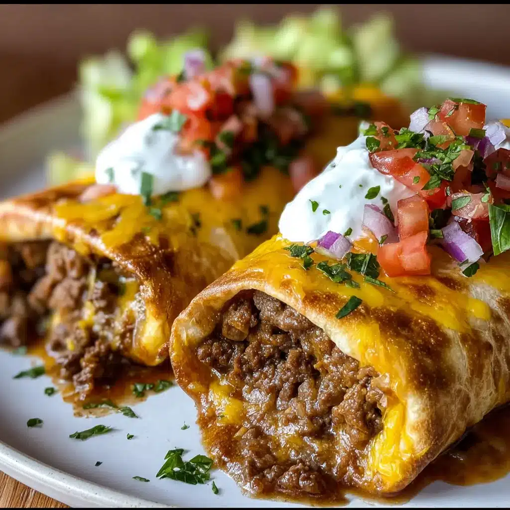 Golden, crispy beef and cheese chimichangas served with guacamole, sour cream, and diced tomatoes on a rustic plate.