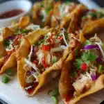 Crispy wonton taco shells filled with shredded chicken and topped with fresh cabbage slaw and cilantro.