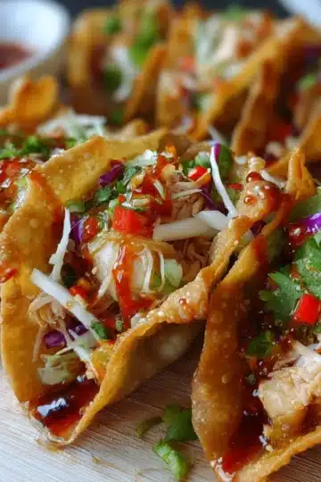 Crispy wonton taco shells filled with shredded chicken and topped with fresh cabbage slaw and cilantro.