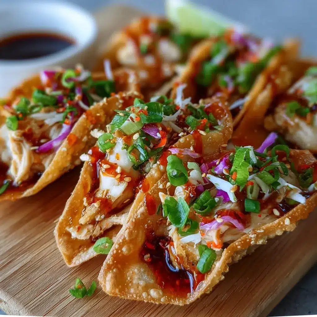 Crispy wonton taco shells filled with shredded chicken and topped with fresh cabbage slaw and cilantro.