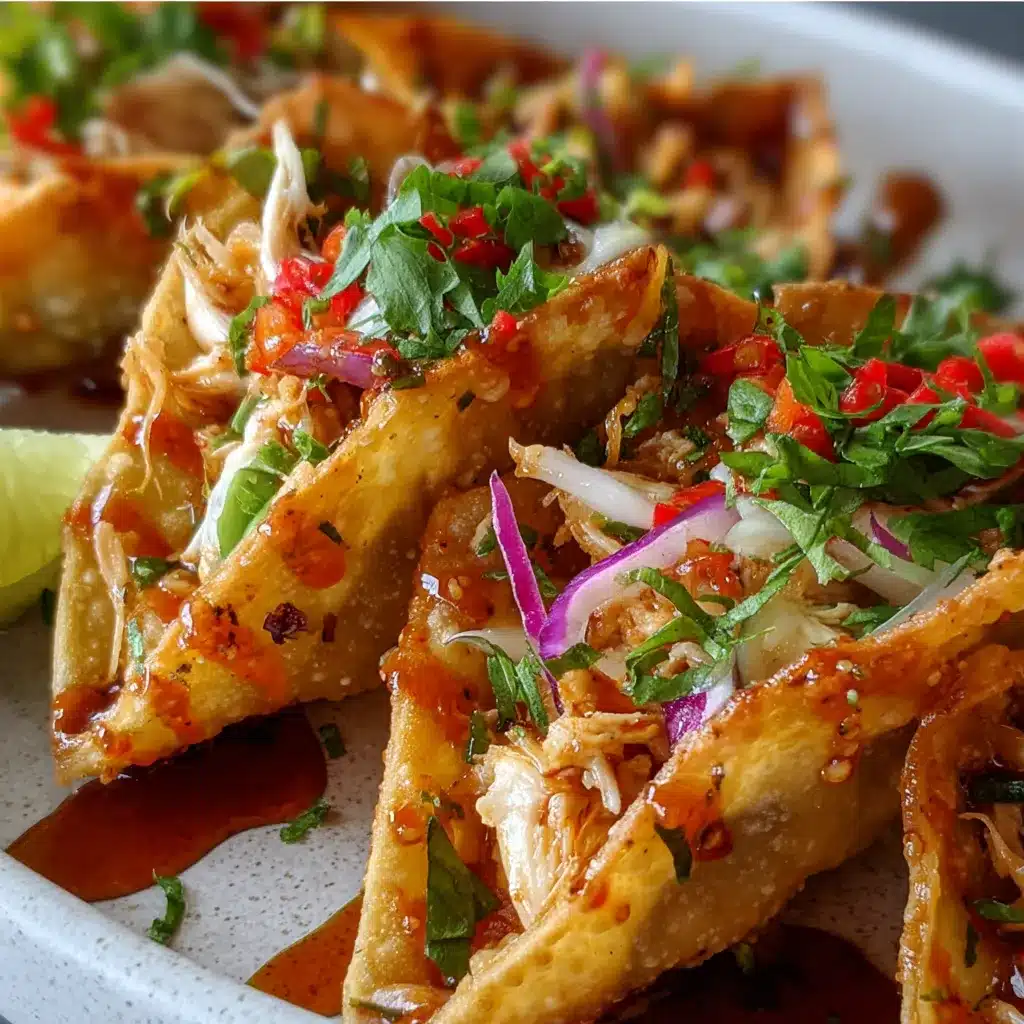 Crispy wonton taco shells filled with shredded chicken and topped with fresh cabbage slaw and cilantro.