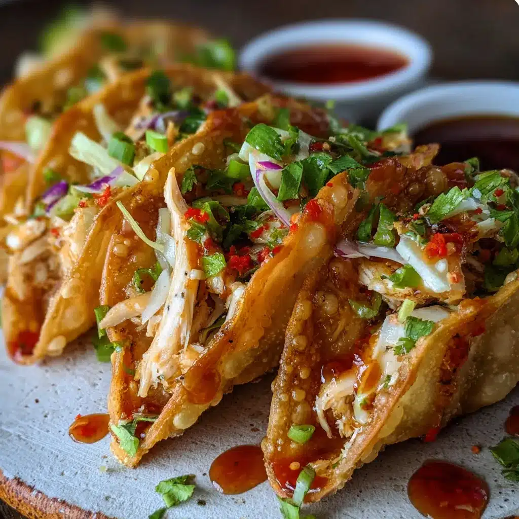 Crispy wonton taco shells filled with shredded chicken and topped with fresh cabbage slaw and cilantro.