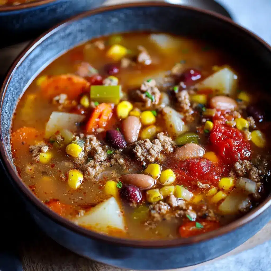 Bowl of Crock Pot Cowboy Soup filled with beef, beans, corn, and tomatoes, topped with melted cheese and jalapeños.