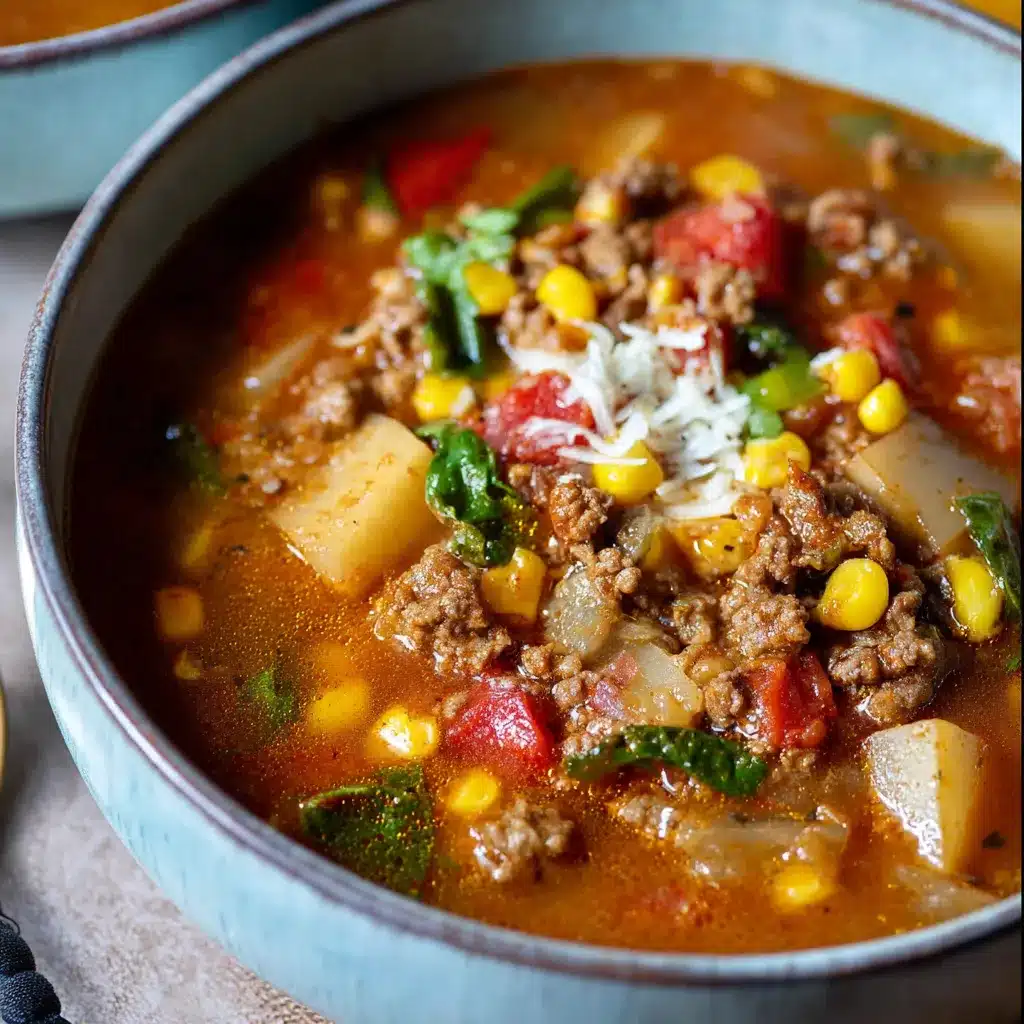 Bowl of Crock Pot Cowboy Soup filled with beef, beans, corn, and tomatoes, topped with melted cheese and jalapeños.