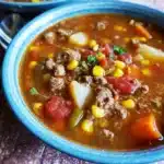 Bowl of Crock Pot Cowboy Soup filled with beef, beans, corn, and tomatoes, topped with melted cheese and jalapeños.