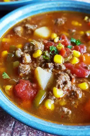 Bowl of Crock Pot Cowboy Soup filled with beef, beans, corn, and tomatoes, topped with melted cheese and jalapeños.