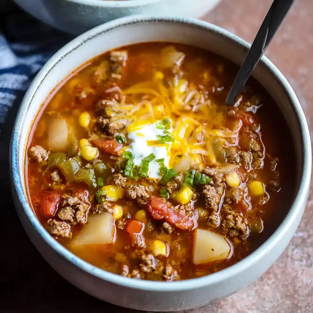 Bowl of Crock Pot Cowboy Soup filled with beef, beans, corn, and tomatoes, topped with melted cheese and jalapeños.