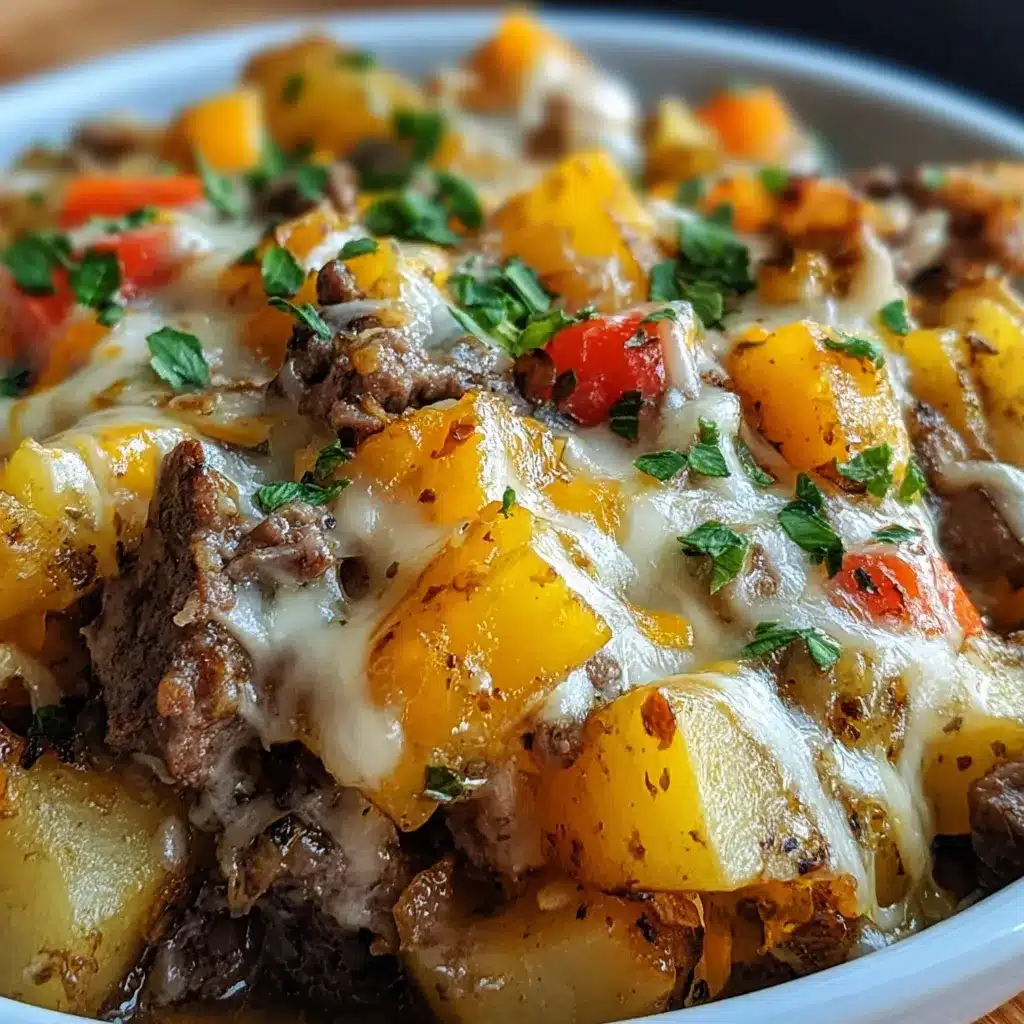Crockpot Cheesesteak Potato Casserole with seared beef, golden potatoes, peppers, onions and melted provolone cheese.