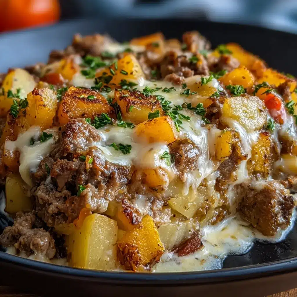 Crockpot Cheesesteak Potato Casserole with seared beef, golden potatoes, peppers, onions and melted provolone cheese.