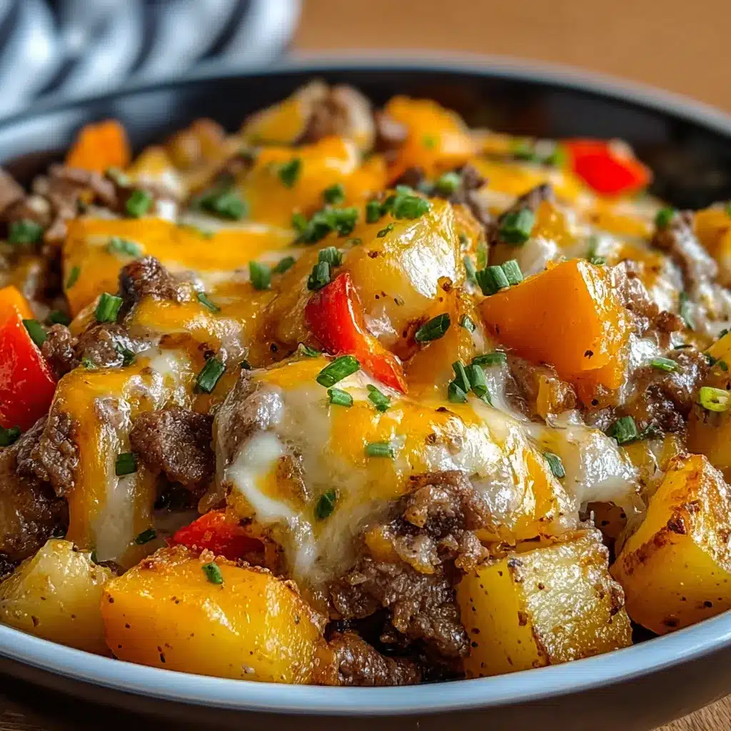 Crockpot Cheesesteak Potato Casserole with seared beef, golden potatoes, peppers, onions and melted provolone cheese.