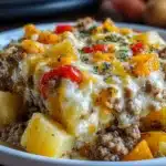 Crockpot Cheesesteak Potato Casserole with seared beef, golden potatoes, peppers, onions and melted provolone cheese.