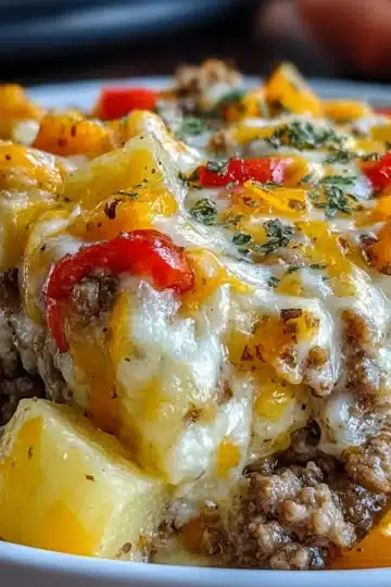 Crockpot Cheesesteak Potato Casserole with seared beef, golden potatoes, peppers, onions and melted provolone cheese.