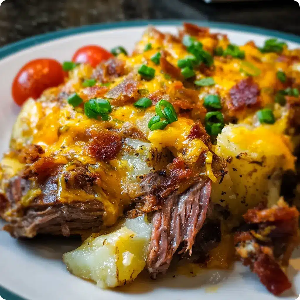 Cheesy Crockpot Loaded Steak and Potato Bake topped with crispy bacon and green onions.