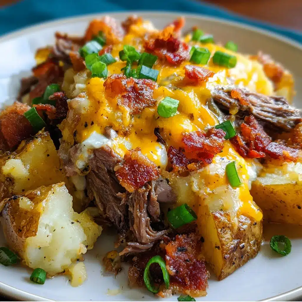 Cheesy Crockpot Loaded Steak and Potato Bake topped with crispy bacon and green onions.