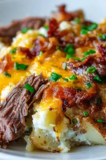 Cheesy Crockpot Loaded Steak and Potato Bake topped with crispy bacon and green onions.