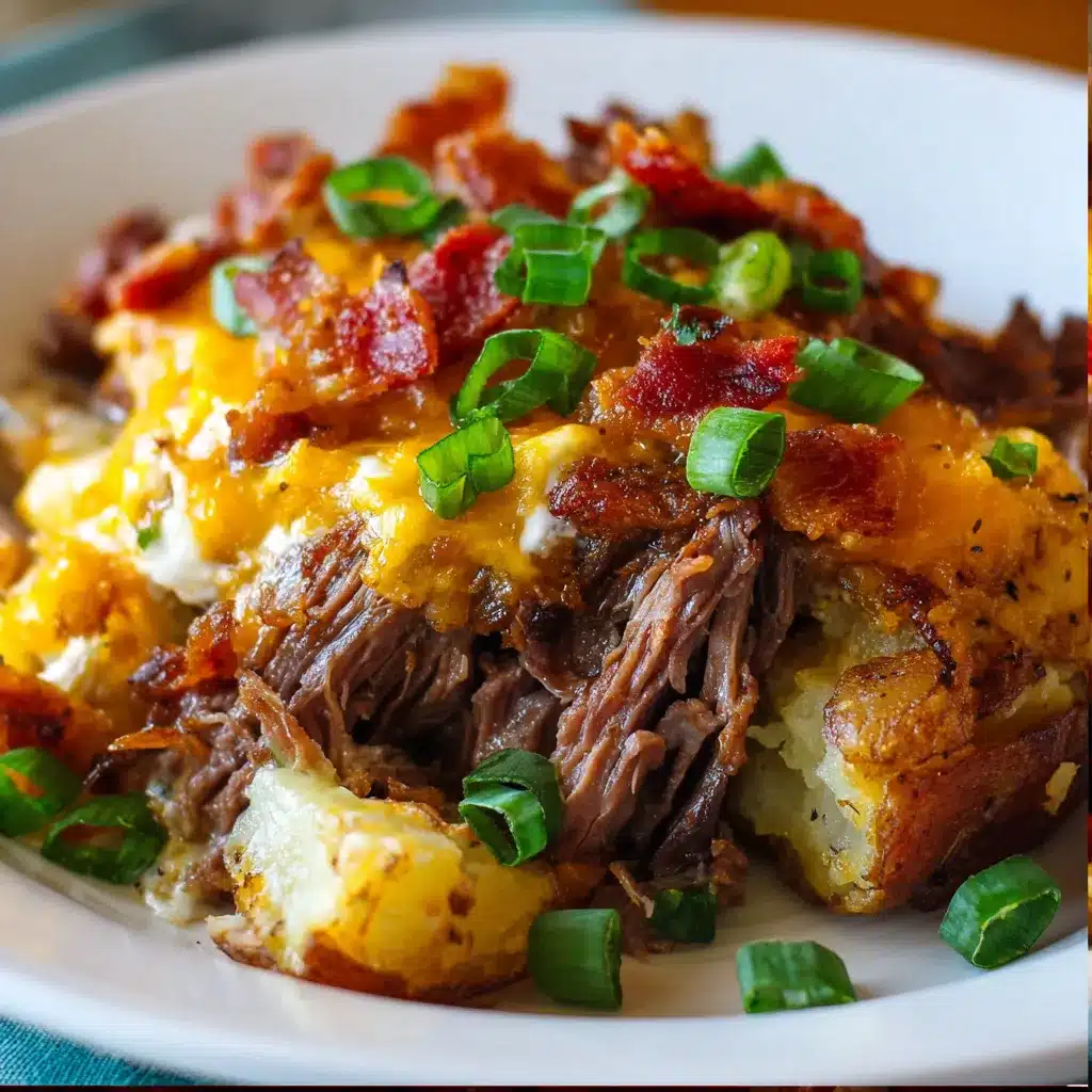 Cheesy Crockpot Loaded Steak and Potato Bake topped with crispy bacon and green onions.