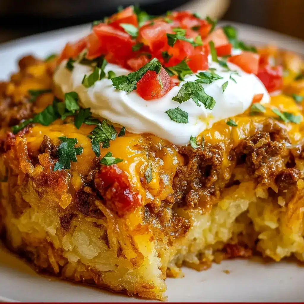 Crockpot Taco Hashbrown Casserole topped with melted cheddar and mozzarella, served with salsa and sour cream.