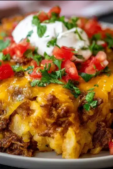 Crockpot Taco Hashbrown Casserole topped with melted cheddar and mozzarella, served with salsa and sour cream.