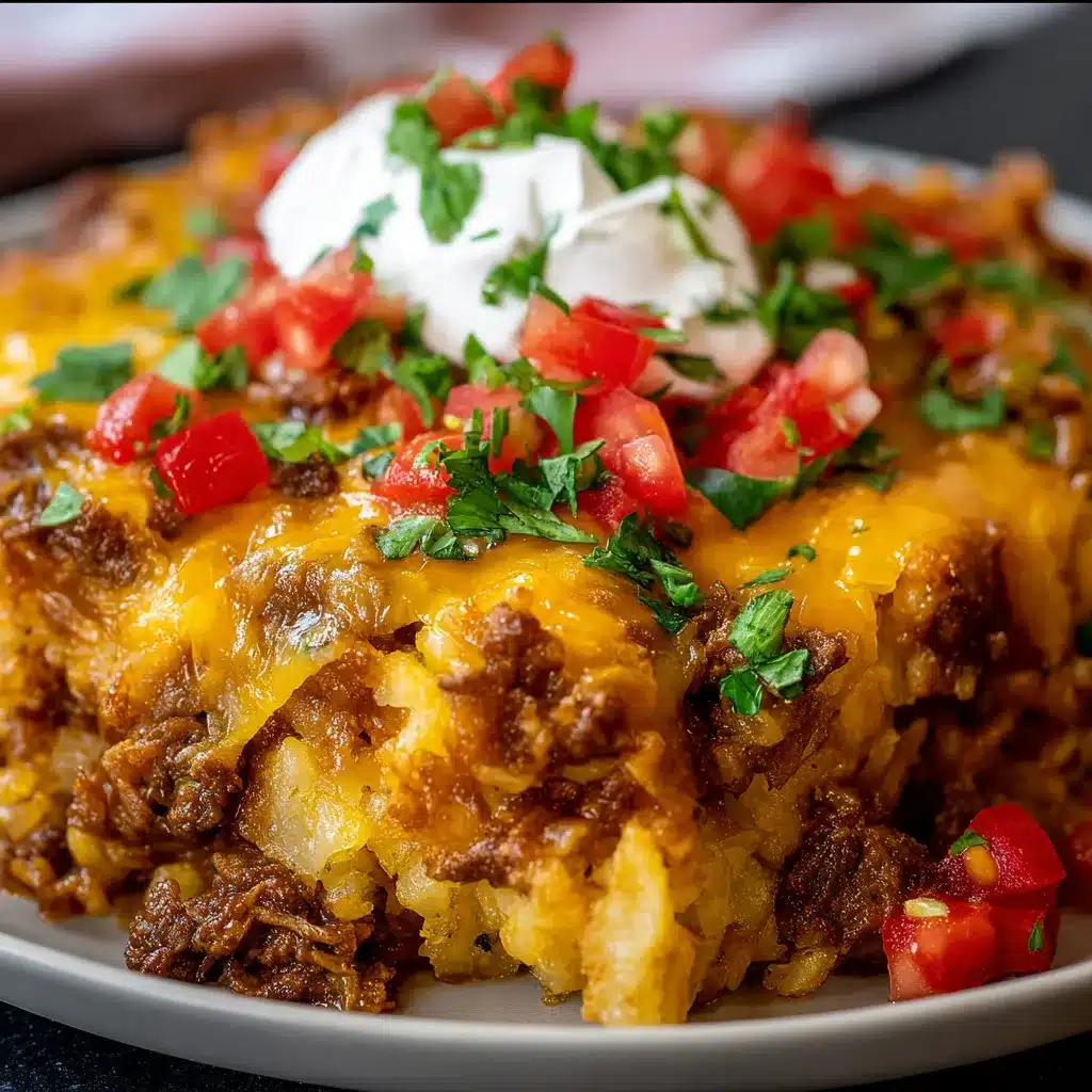 Crockpot Taco Hashbrown Casserole topped with melted cheddar and mozzarella, served with salsa and sour cream.