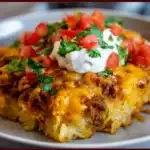 Crockpot Taco Hashbrown Casserole topped with melted cheddar and mozzarella, served with salsa and sour cream.